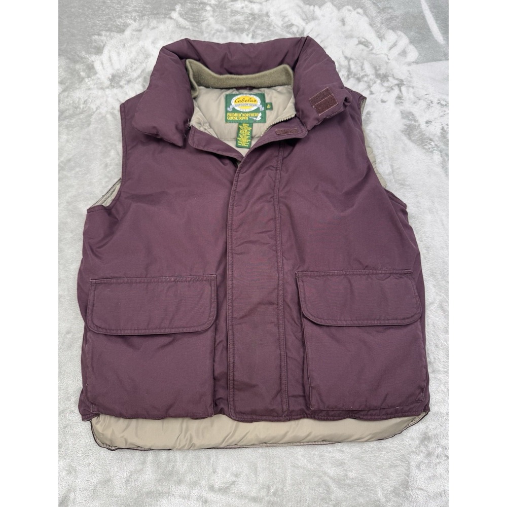 Cabelas Goose Down Vest Mens Medium Maroon Purple Wine Hunting Zip Cargo Wool
